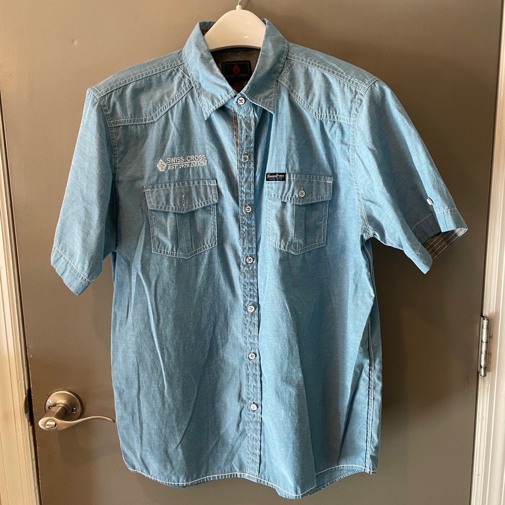 Swiss Cross Mens Short Sleeve Button Down Western Shirt Blue Denim Look Large